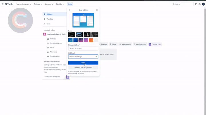 GIF: Crear un tablero en Trello